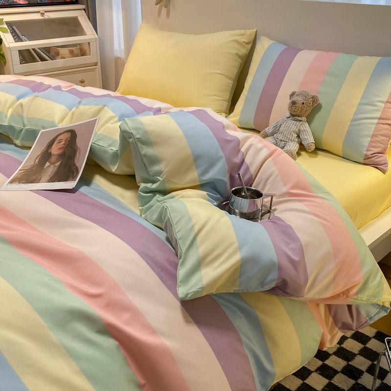 Простыня в клетку из четырех предметов и пододеяльник в японском стиле в скандинавском стиле, набор из трех предметов из стираного хлопка с начесом