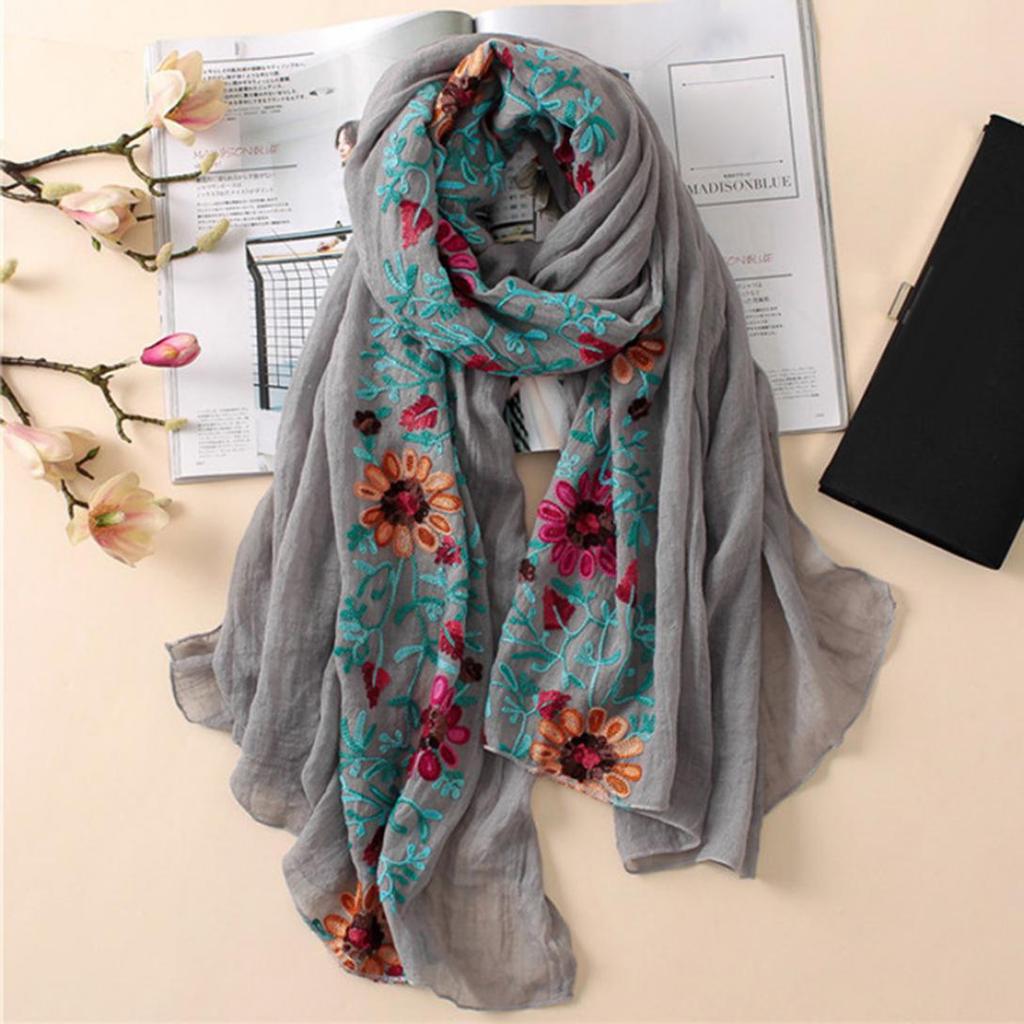 Embroidered Flower Scarf Cotton Women Long Wrap Bandana Scarves Girl Shawl Gift