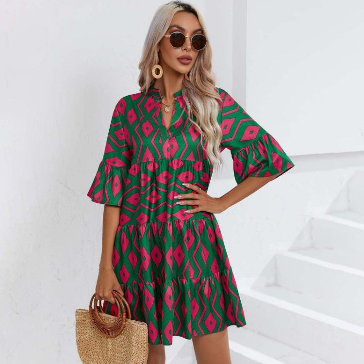 Женское летнее платье А-силуэта с высокой талией, коротким рукавом, этническим принтом и шнуровкой