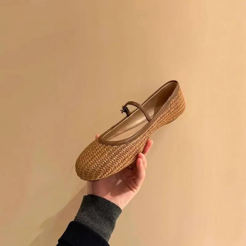 Spring Summer 2024 New French Style Mary Jane Shoes Weaving Hollow Out Design Sandals Square Toe Buckle Strap Flats Shoes Women