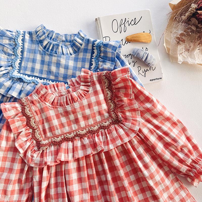 Корейское весеннее платье в клетку 2026 для девочек - Воротник с кружевом и листьями лотоса, Длинный рукав, Юбка