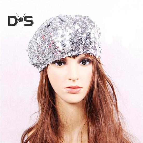 Sequin Beret for Women Sparkling Stage Effect No Brim Flat Top Solid Color Parties Performances Headwear Lady Cap