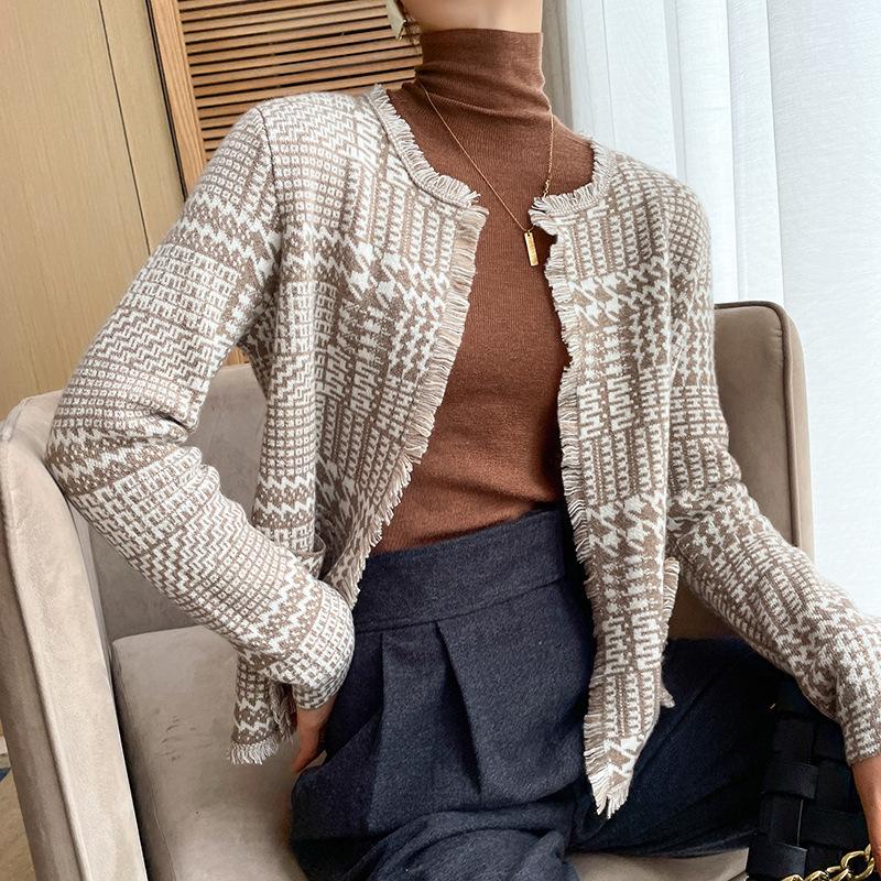 Вязаный кардиган женский весна и осень новая модная клетчатая расцветка в тон свободное женское пальто