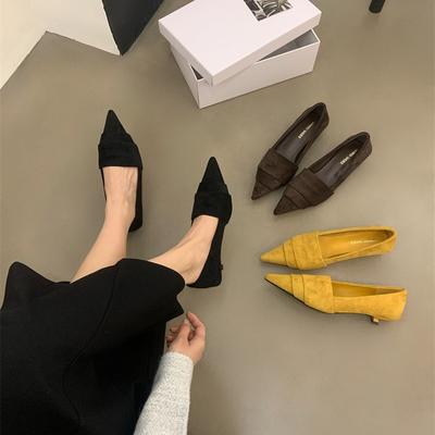 Французский темперамент светская львица желтая замша туфли-лодочки женская обувь 2025 новая весна, осень и зима остроносые тонкий каблук низкий каблук туфли