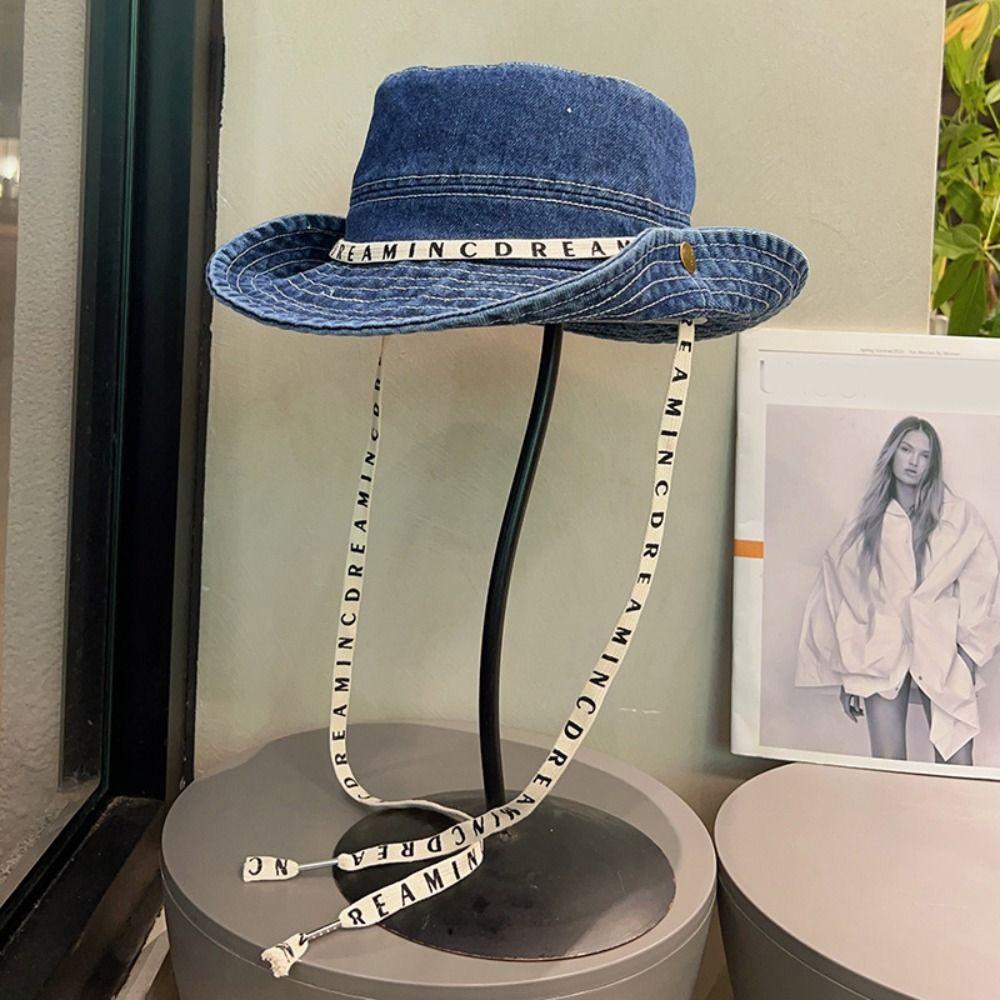 Letter Jeans Fisherman Hat Big Brimmed Sunscreen Hat Casual Denim Bucket Hat Travel