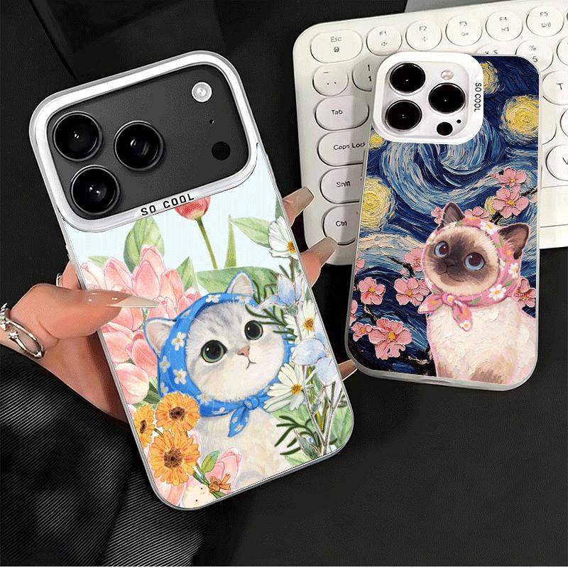 Милый Цветочный Платок Кот Ударопрочный Чехол для Телефона для iPhone 17 Air 16 16E 15 Pro Max 14 Plus 13 Mini 12 Задняя Крышка Противоударный F