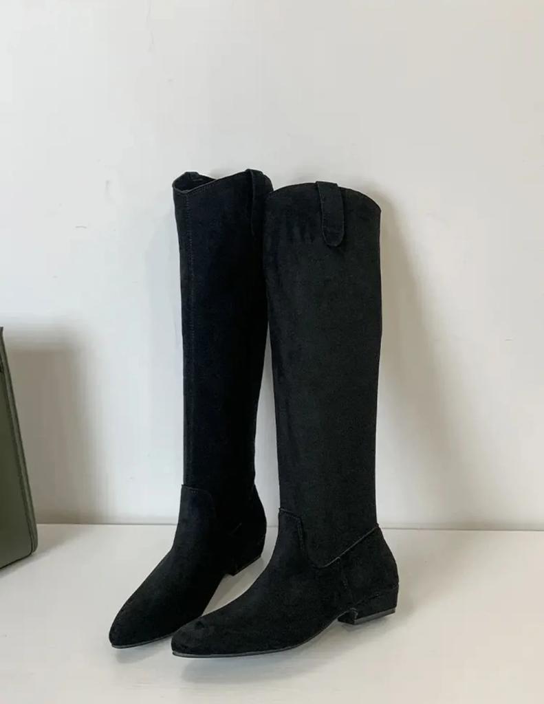 Women's High Boots Pointed Toe Square Heel Suede Roman Style Brown Knee-high Boots Women's Casual Low Heel Versatile Botas Mujer