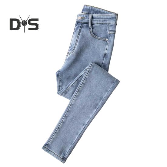 Women Winter Plush Jeans High Waist Thick Velvet Lined Slim Fit Pencil Pants Button Zipper Closure Pockets Straight Leg Trousers for Street to Party