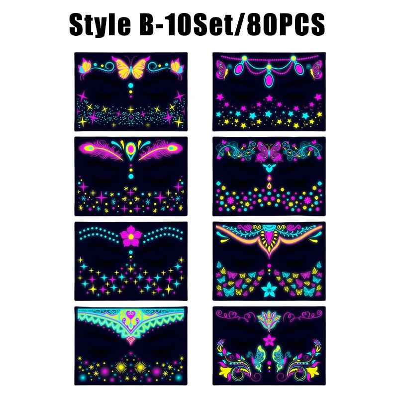 New Glow The Dark Tattoos Stickers Fake Face Temporary Tattoos Makeup UV Neon Floral Body Paint Tattoo Stickers Decorations