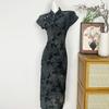 Elastic flocking long short-sleeved cheongsam 1011 summer new retro national style middle-aged and elderly mother daily cheongsam skirt
