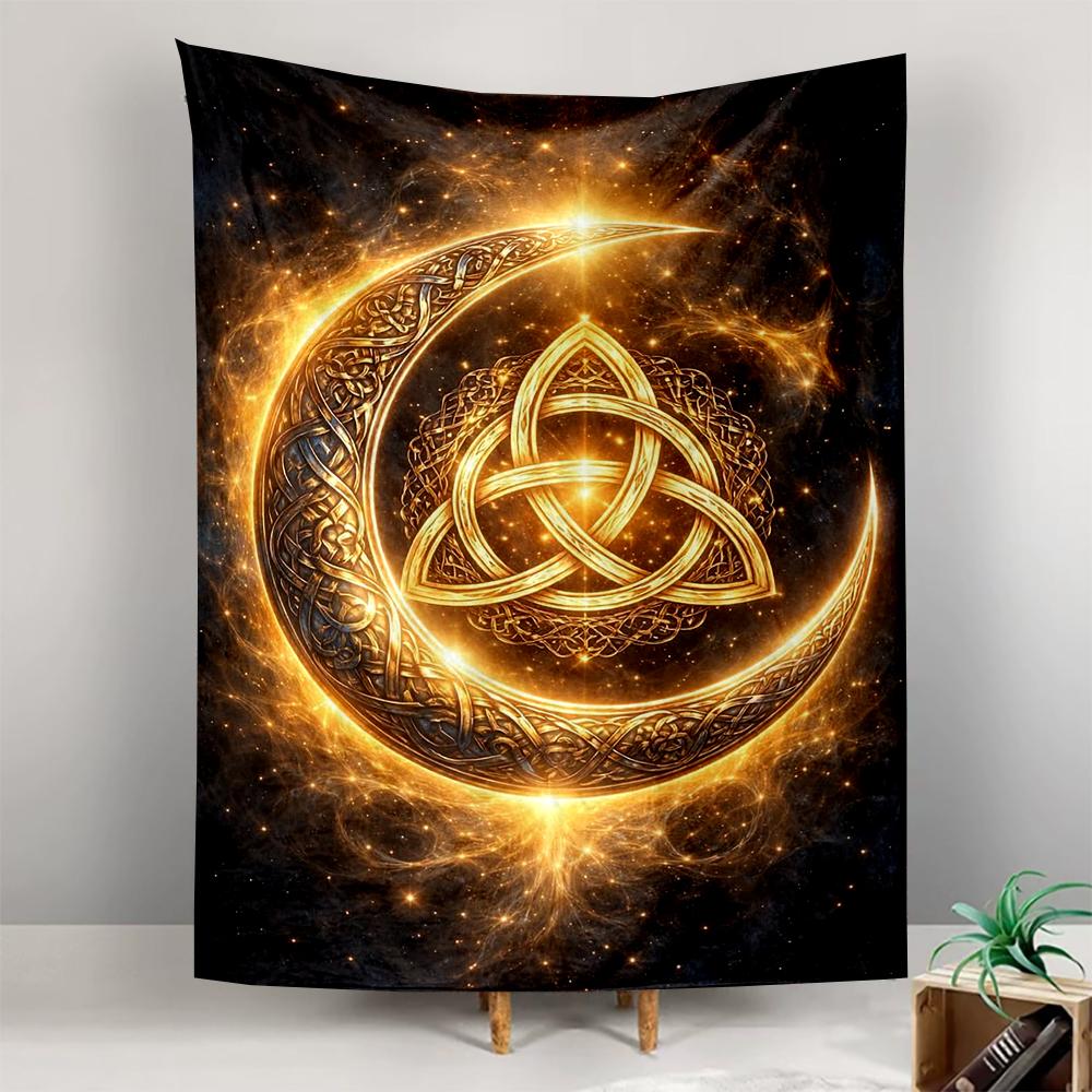 Golden Celtic Moon and Triquetra Design Patterned tapestry for bedroom and living room home decor