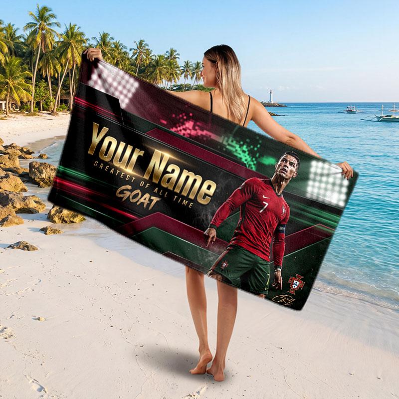 Cristiano Ronaldo Custom Beach Towel, Personalized Name Text Print, Football Logo Soft Quick‑Dry Towel Holiday Gift