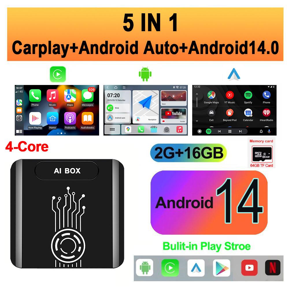 Android 14 5 в 1 CarPlay AI Box Беспроводной Carplay Android Auto Netflix YouTube Plug & Play Для Toyota Hyundai GMC Ford MG VW Kia