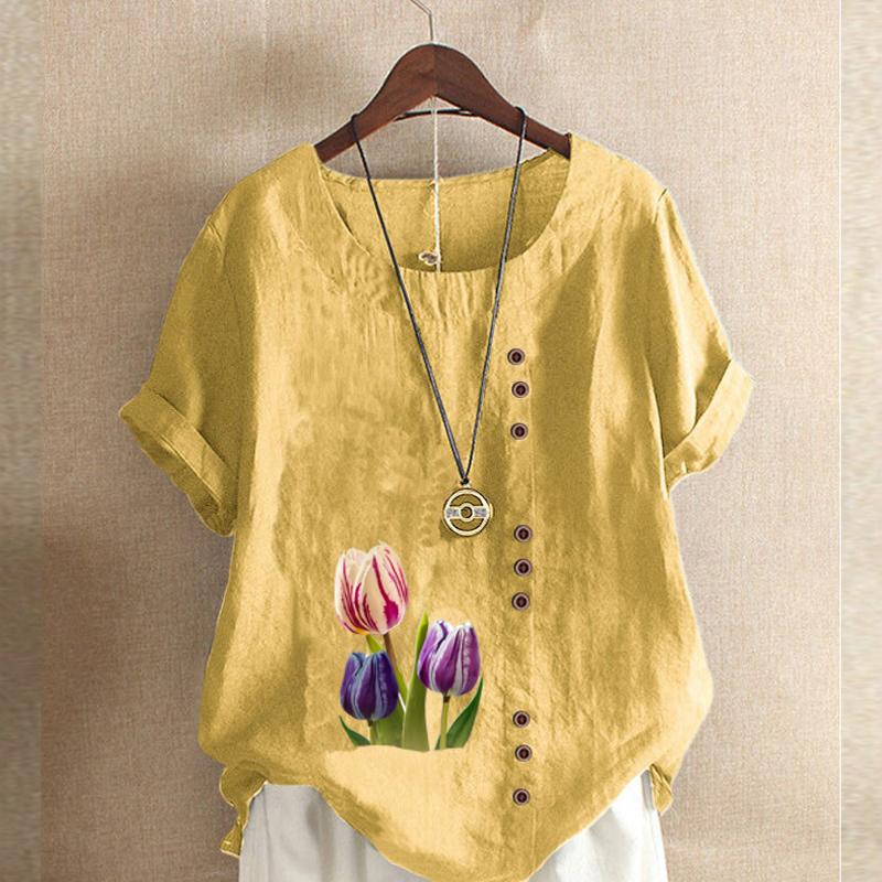 Women's Fashion Round Neck Short Sleeve T-shirt Casual Cotton Linen Graphic Shirt Tulips Prined Summer Blouse Tops