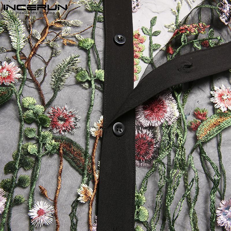 INCERUN Мужские прозрачные рубашки с короткими рукавами и вышивкой, тонкие летние топы для клубных вечеринок с перспективой