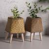 Vintage Planters Imitation Rattan Flower Stand Woven Storage Basket With Wooden Legs Plant Pot Stand Holder Basket Organizer