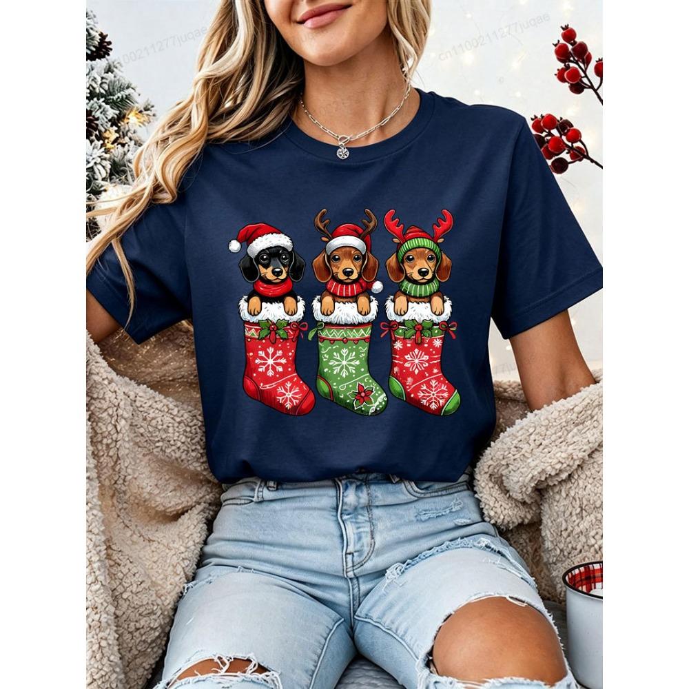 Christmas Dachshund Dog T‑Shirt Women Xmas Stocking Santa Hat Print