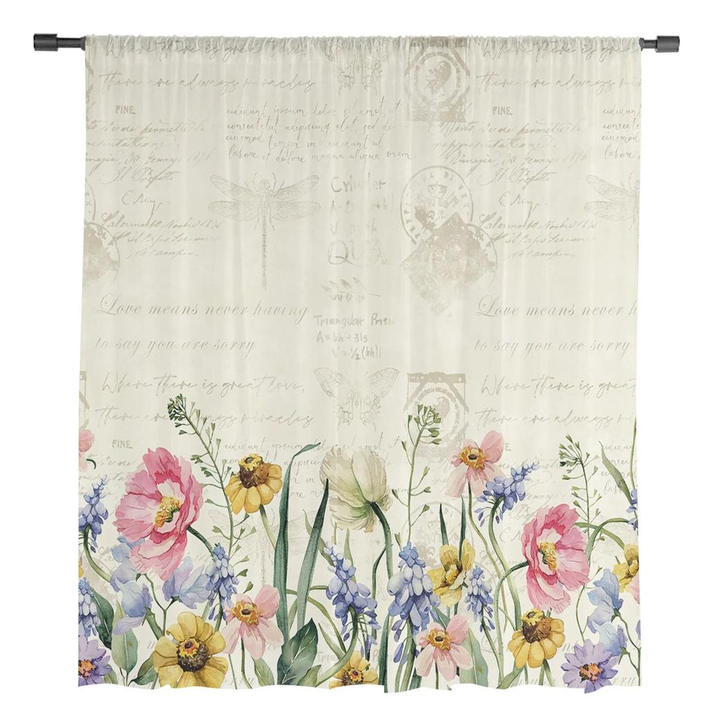 Spring Flowers Plants Wildflowers Sheer Voile Window Curtains Tulle Curtains Living Room Balcony Decoration Drapes
