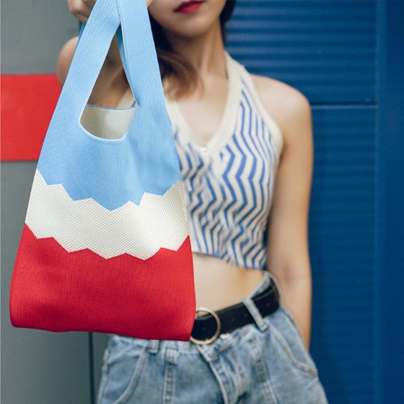 Yogodlns Летняя вязаная пляжная сумка для женщин, маленькая полосатая тканая сетчатая сумка с верхней ручкой, женские квадратные сумки на плечо, модные сумки