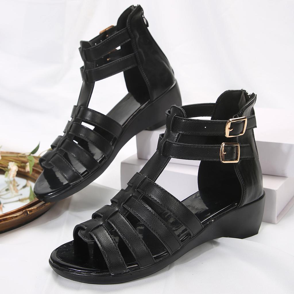 Fashion 2024 Summer New Peep Toe Women Sandals Back Zip Casual Roman Sandales Solid Belt Buckle Wedges Female Shoes Large Size 36-43