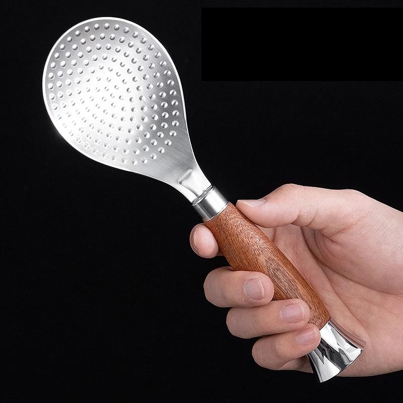 304 Stainless Steel Wooden Handle Rice Spoon Standing Design Round Edge Heat-resistant Non-stick Rice Paddle Kitchen Gadgets