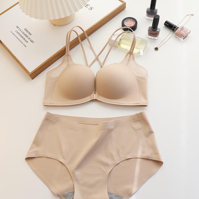 Japanese Light Cotton Lace Seamless Push-Up Bra Set with Front Buckle and Stylish Back Design