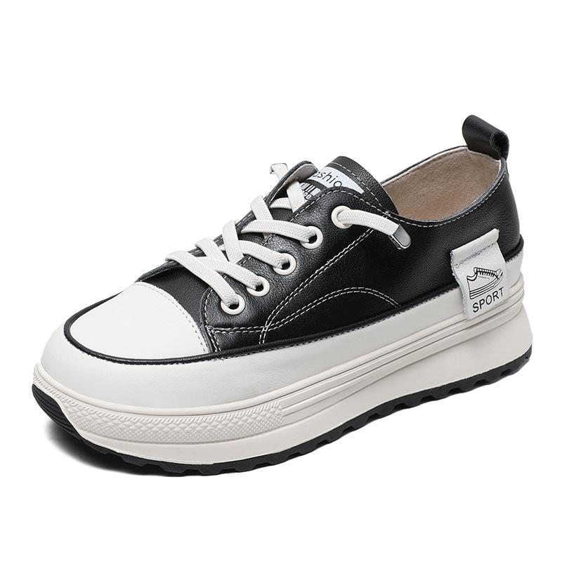 Leather women's 2026 new spring and autumn heightening thick-soled muffin-soled biscuit shoes sports and leisure board shoes