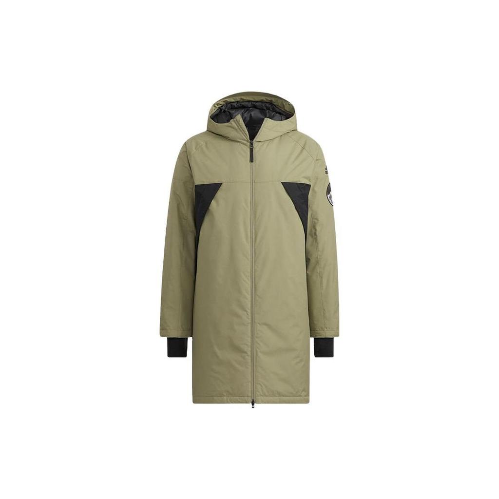 Adidas Patchwork Hooded Mid-Length Zip Down Jacket Men Outerwear Olive-Green HA1173