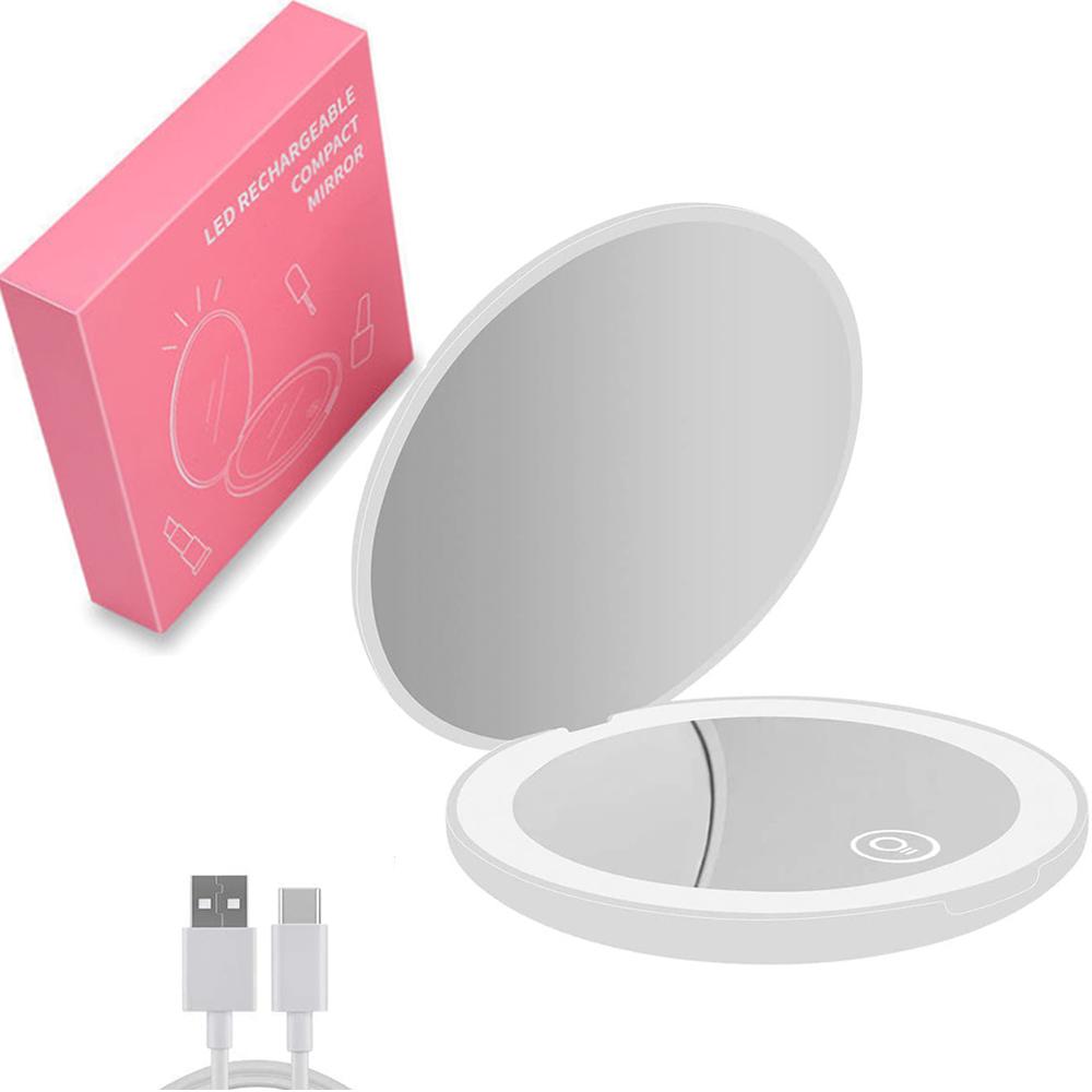 Мини-портативное складное дорожное зеркало со светодиодной подсветкой, компактное зеркало для макияжа, 10-кратное увеличение, двустороннее, круглое зеркало для макияжа