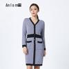 Anlom Fashion V-Neck Long Sleeve Houndstooth Knit Short Dress