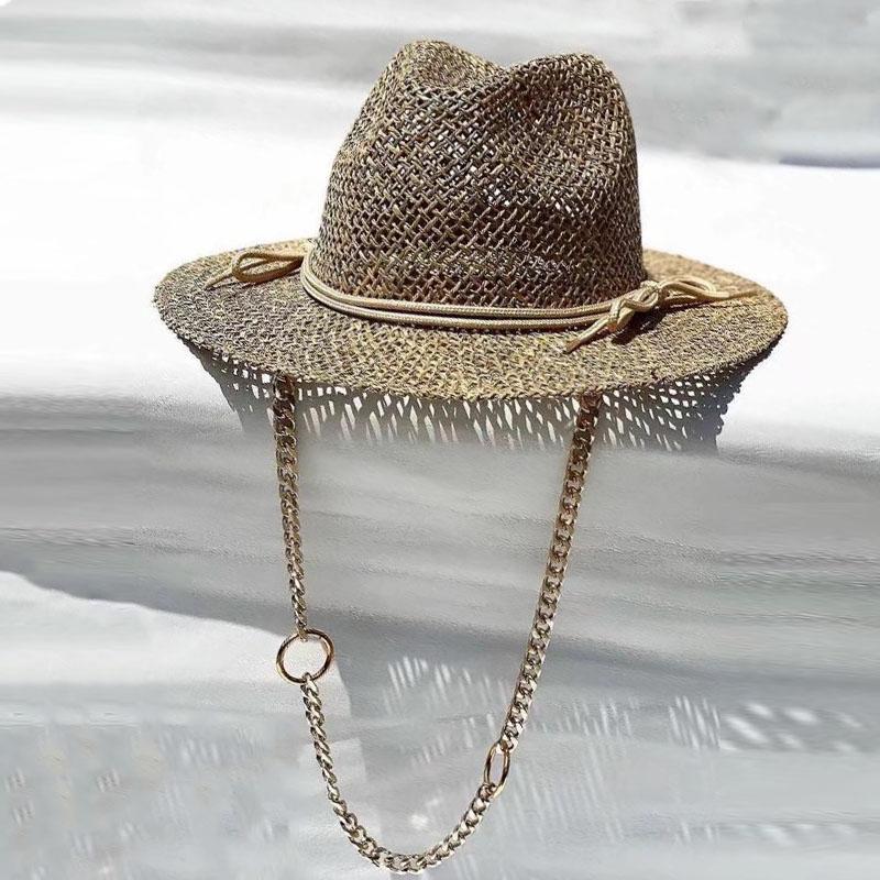 Женская соломенная шляпа Fedora от солнца с морской травой, длинная золотая цепочка, летняя панама, пляжная шляпа с широкими полями, UPF50 + шляпа для вечеринки в церковном саду в стиле дерби