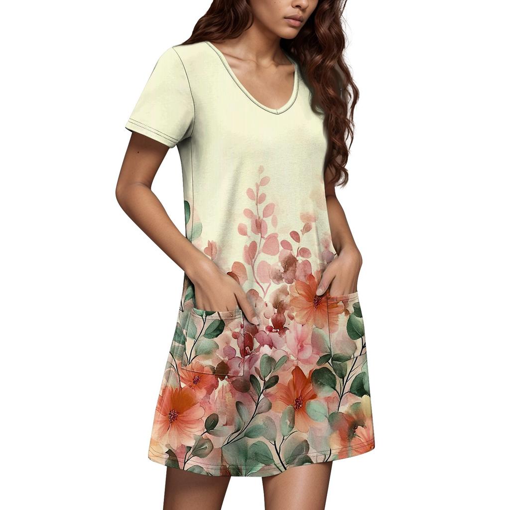 Женский повседневный сарафан с карманами, летнее пляжное платье в стиле бохо, цветочные блузки для женщин, футболки, платья с V-образным вырезом, свободные платья