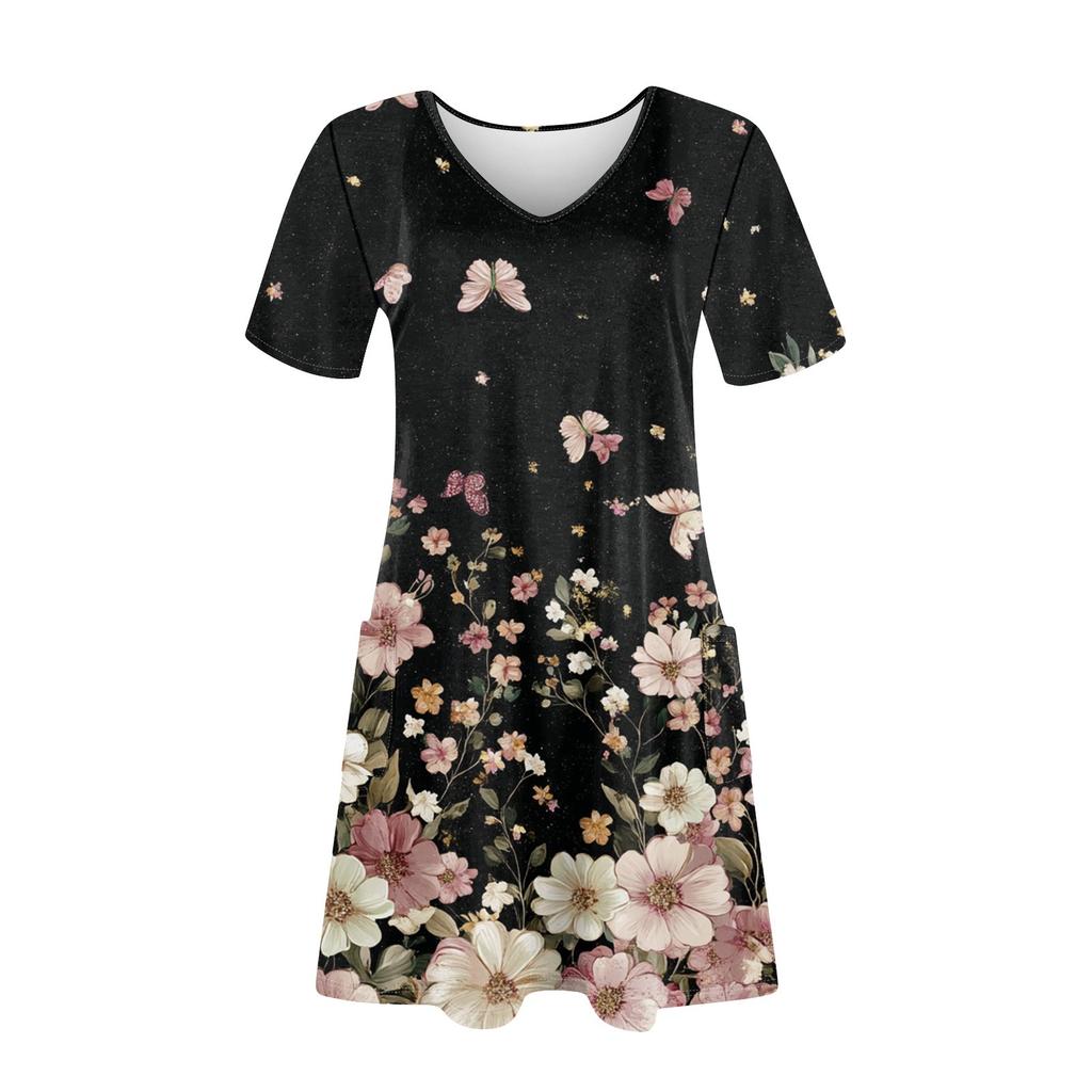 Women's Casual And Fashionable V-neck Short Sleeve Printing Mid Length Dress