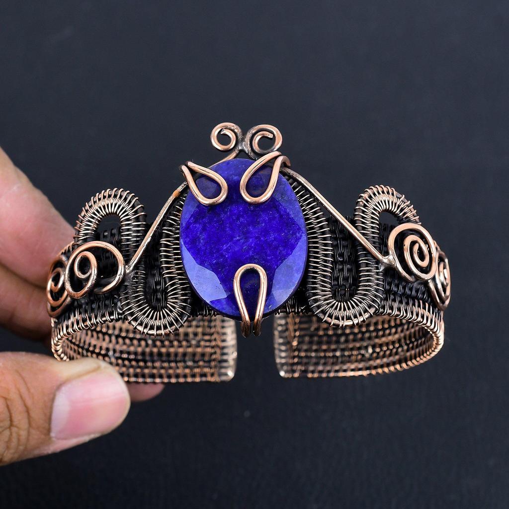 Браслет с синим сапфиром, Браслет с драгоценным камнем ручной работы, Антикварные украшения, обернутые медной проволокой 999 пробы, Для подарка на помолвку