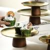 1PC Stainless Steel High Foot Fruit Plate Wooden Base Household Dish Cake Inventory Rack Simple