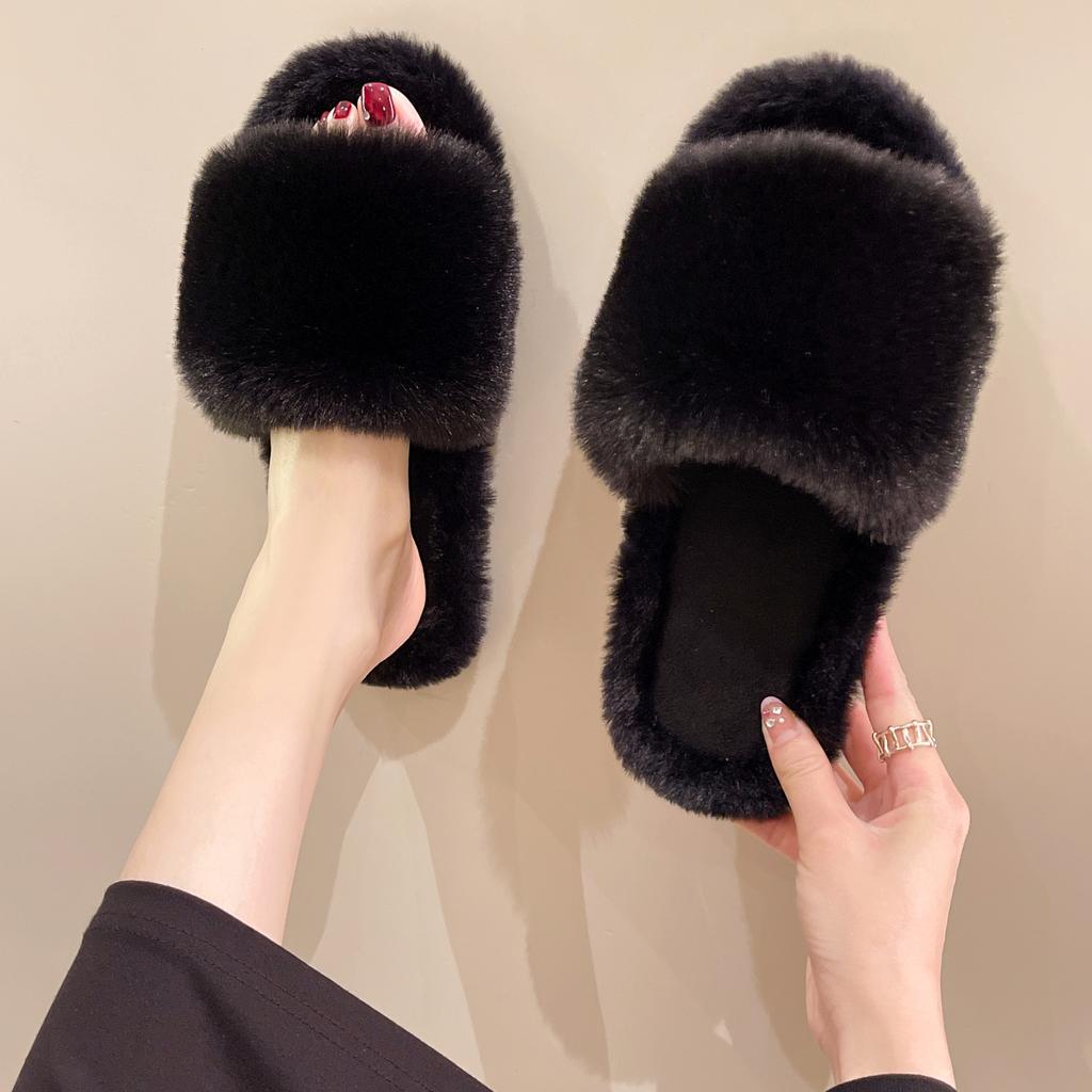 Женские домашние тапочки осень-зима с мехом, нескользящие повседневные домашние туфли на плоской подошве, однотонные женские шлепанцы, теплая обувь