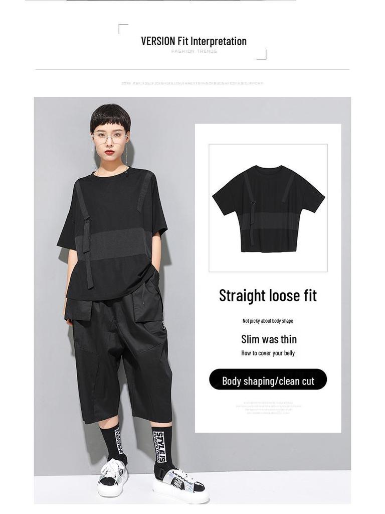 European & American Women's Summer Gothic Patchwork T-shirt, Round Neck, Short Sleeve, Trendy BF Style Streetwear.