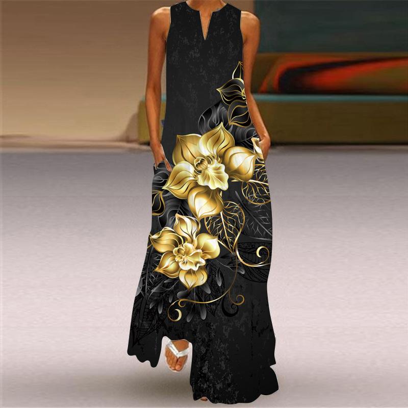 Женская мода лето весна цветочный принт без рукавов V-образный вырез свободные повседневные платья