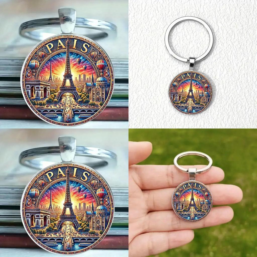 Paris Sunset Scene Keychain With Glass Pendant For Gift And Decoration