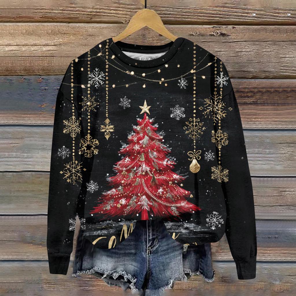 Женская модная рождественская принтованная толстовка с длинным рукавом и круглым вырезом