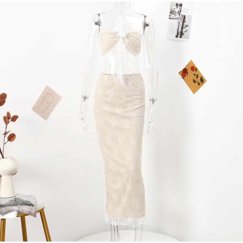 Сексуальные комплекты юбок без бретелек с кружевным принтом, женский прозрачный укороченный топ, длинная юбка, одинаковый комплект, женский костюм из двух предметов для ночного клуба