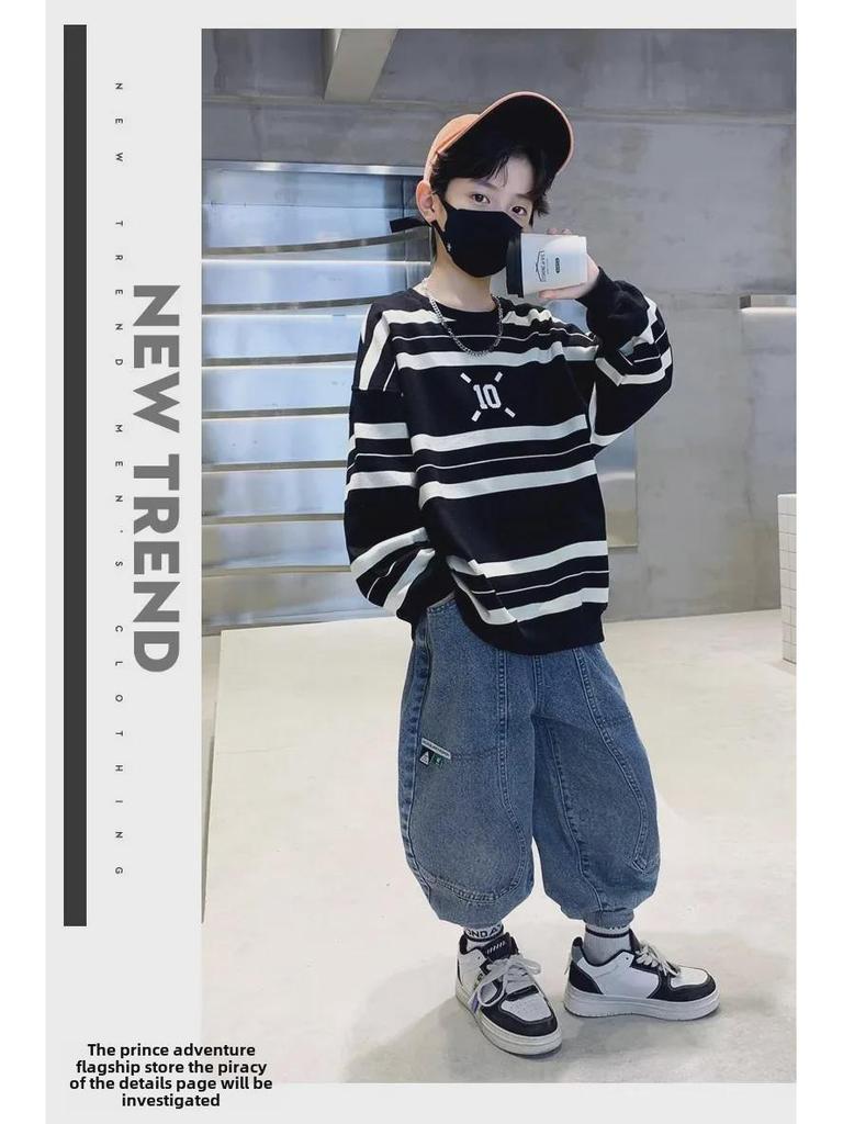 Футболка для мальчиков 2023 года, свободная, с круглым вырезом и длинными рукавами - классный корейский стиль