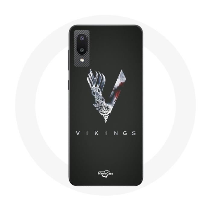 Coque pour Samsung Galaxy A02 Vikings Série Saison 6 logo V Epée Gris Fond Noir
