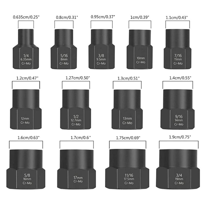 13Piece Multifunctional Impact Bolt Nut Remover Set Nut Extractor Socket Bolt Remover Tool with Storage Box 6.35-19mm