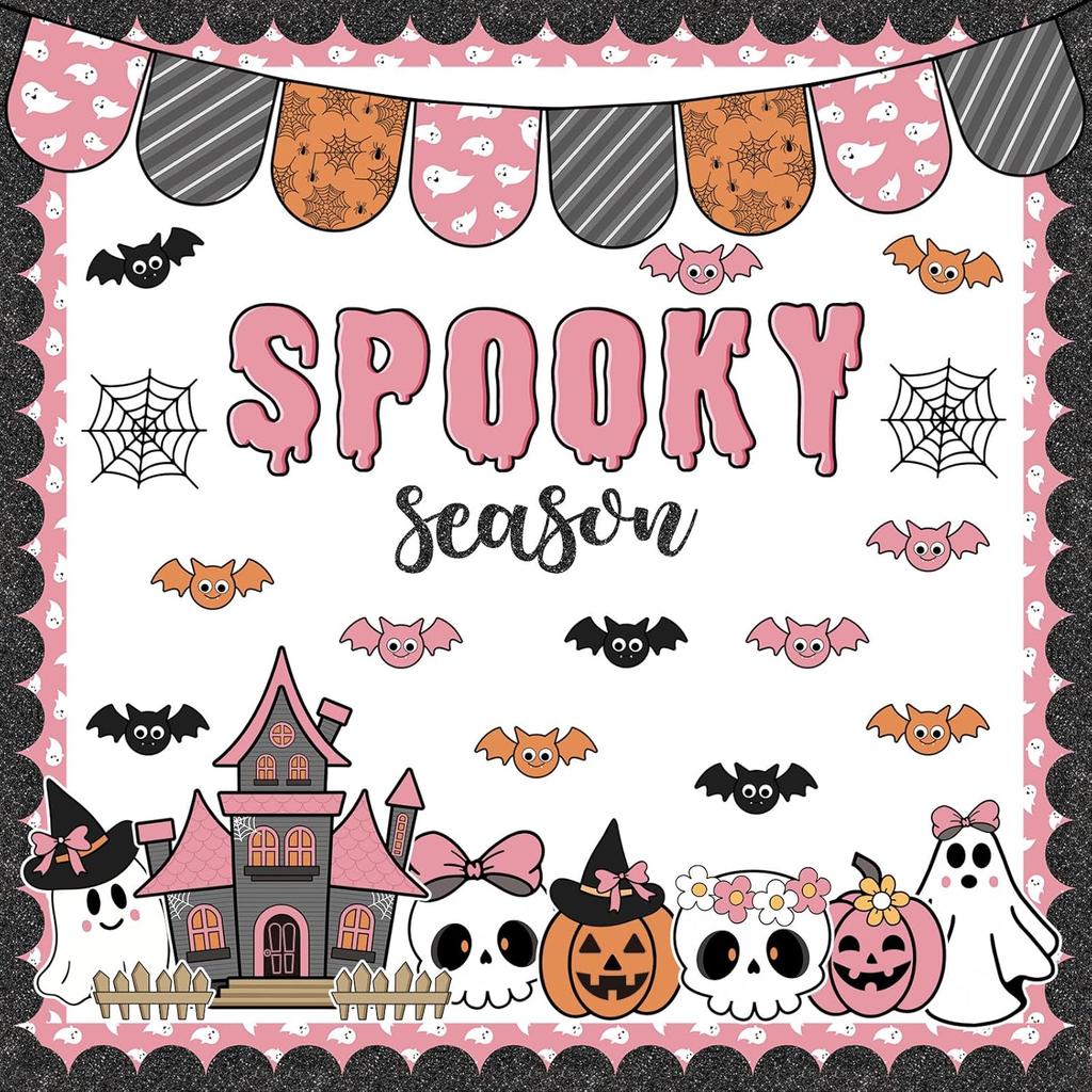 Pasimy Halloween Bulletin Board Decorations Set Halloween Theme Classroom Decor Spider Bat Ghost Pumpkin Cutouts with Borders for Home School Party