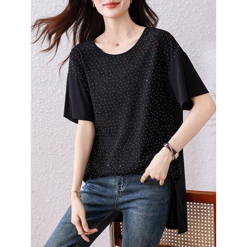 European and American Fashion Top! Starlight Girls Water Soluble Diamond Double-Sided Fabric Round Neck Mid-Length Round Neck T-shirt Amoi