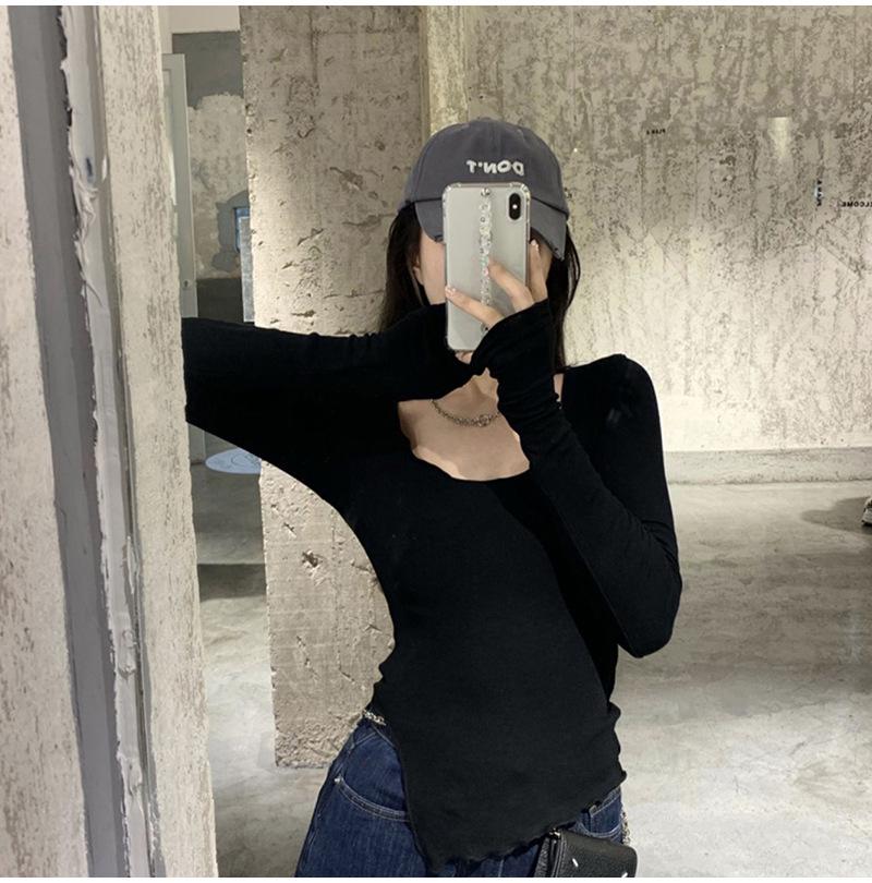 Женская серая футболка с длинным рукавом на осень - 2025 Tight Fit Short Design Top