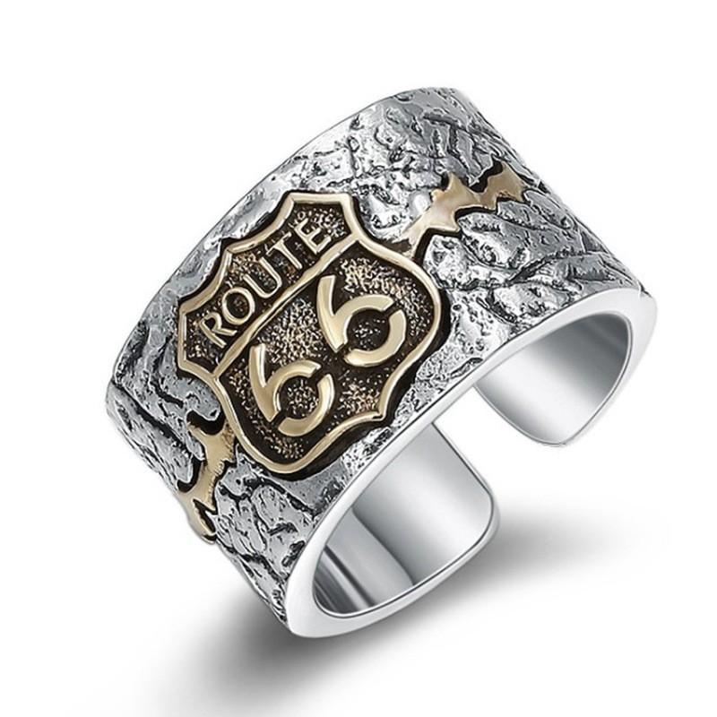 Unisex Vintage Punk Sterling Adjustable Ring With Route 66 Geometric Design