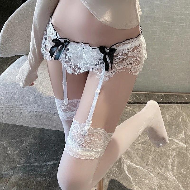 Черный Розовый Красный Белый Кружевной Бант Подвязка Трусики и Комплект Чулок Женский Сексуальный Тонкий Прозрачный Свадебные Подвязки Пояс для Подвязок