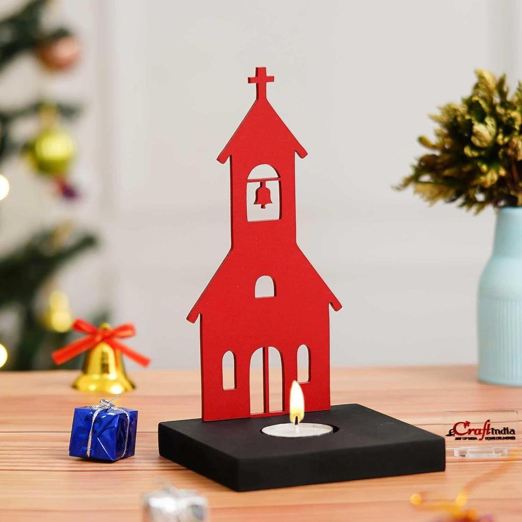 Merry Christmas Charming Church Decorative Tea Light Candle Holder (Wooden Red)| Christmas Decoration Items for Home Living Room Office